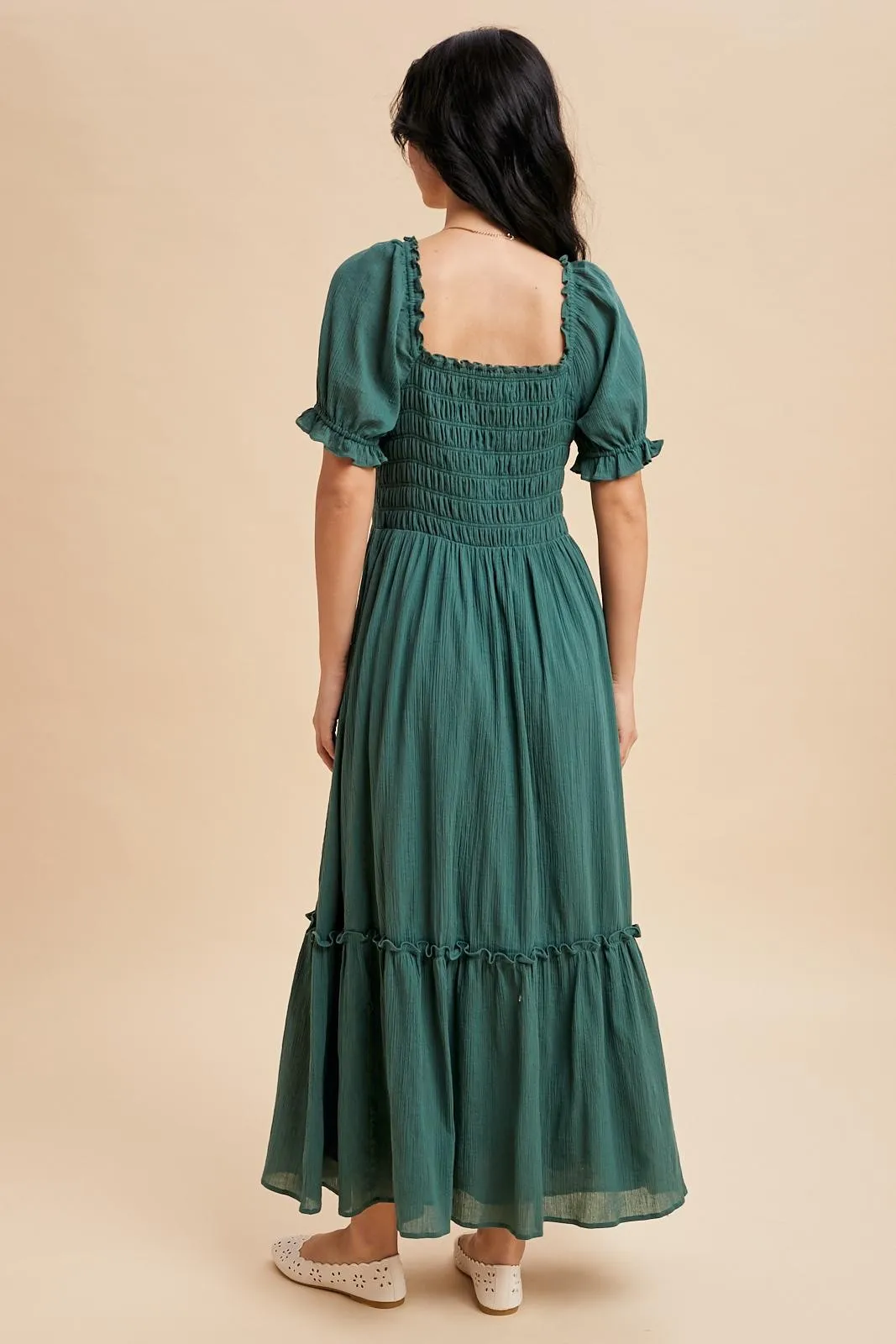 Forest Green Smocked Button Down Maxi Dress sold by Pinkblush product image thumbnail 4
