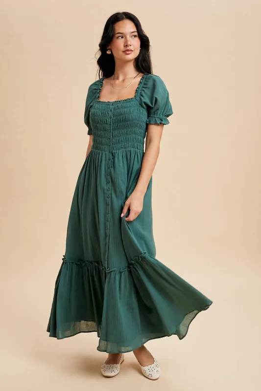 Forest Green Smocked Button Down Maxi Dress sold by Pinkblush