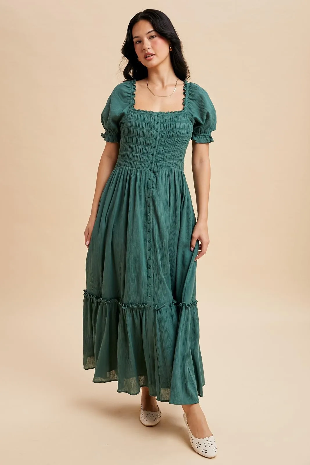 Forest Green Smocked Button Down Maxi Dress sold by Pinkblush product image thumbnail 2