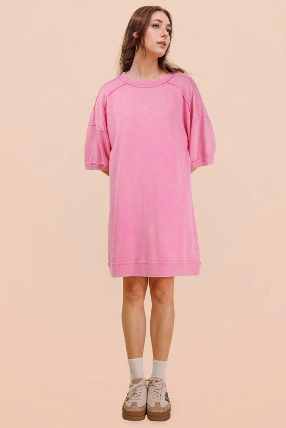 Hot Pink Mineral Wash French Terry Knit T-Shirt Dress sold by Pinkblush product image thumbnail 2