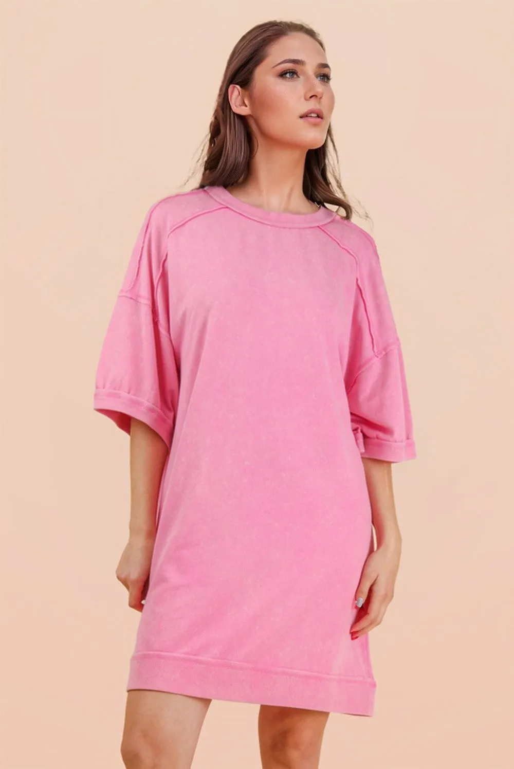 Hot Pink Mineral Wash French Terry Knit T-Shirt Dress sold by Pinkblush product image thumbnail 3