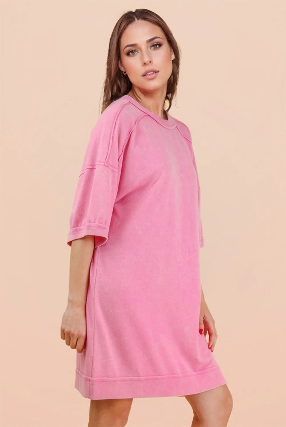 Hot Pink Mineral Wash French Terry Knit T-Shirt Dress sold by Pinkblush product image thumbnail 4
