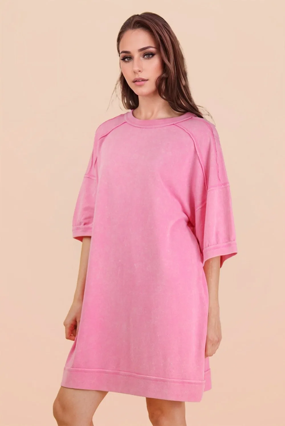 Hot Pink Mineral Wash French Terry Knit T-Shirt Dress sold by Pinkblush