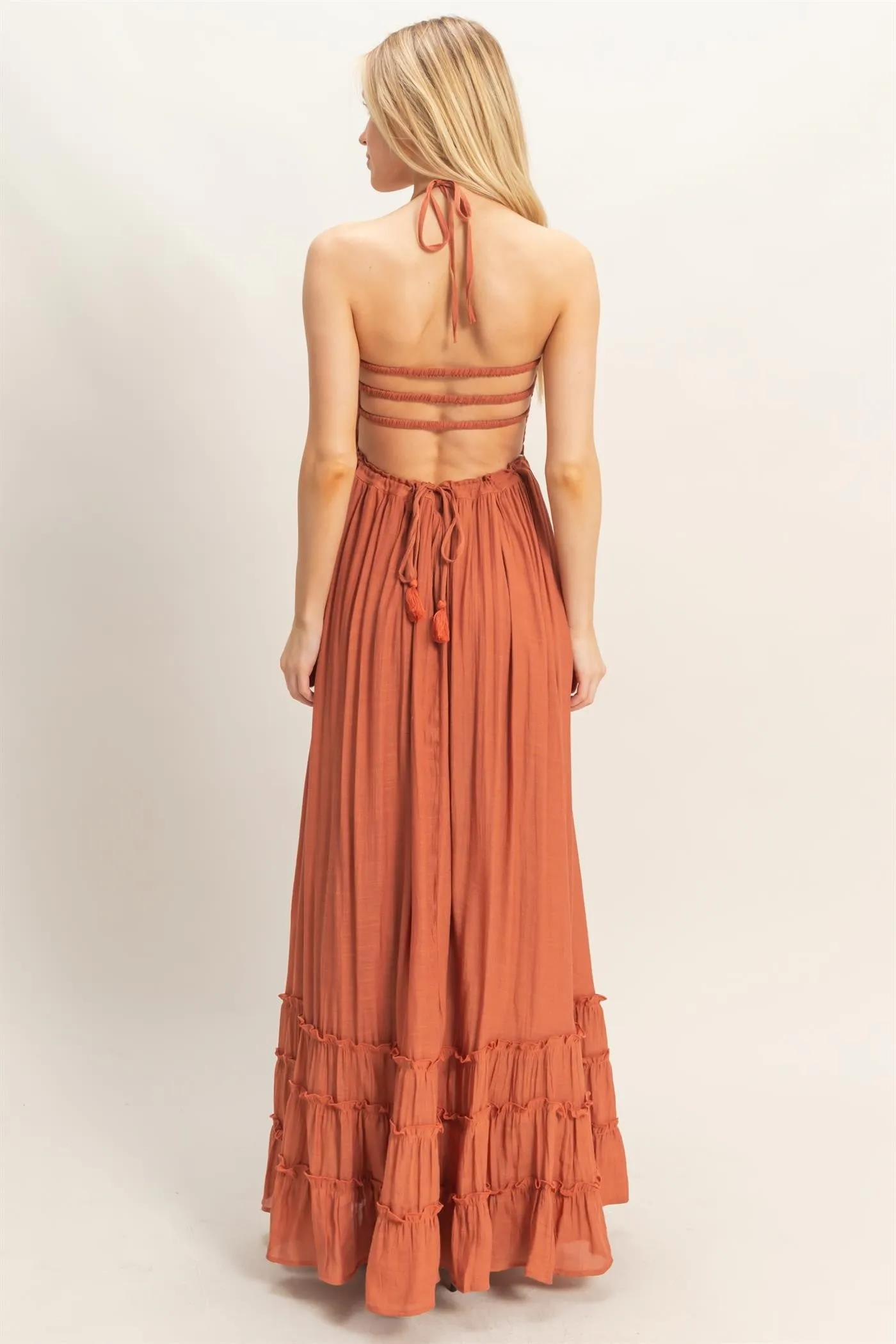 Rust Smocked Halter Open Back Maxi Dress sold by Pinkblush product image thumbnail 4