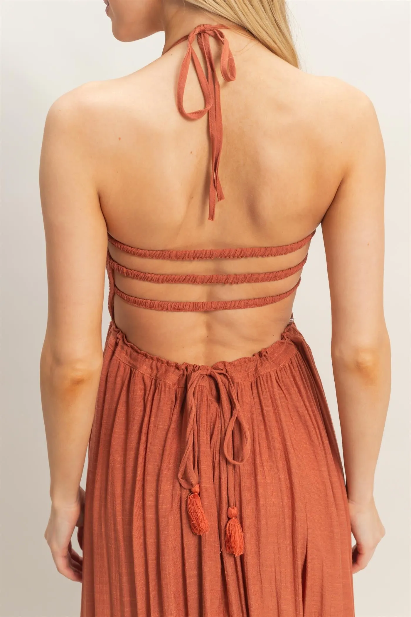 Rust Smocked Halter Open Back Maxi Dress sold by Pinkblush product image thumbnail 5
