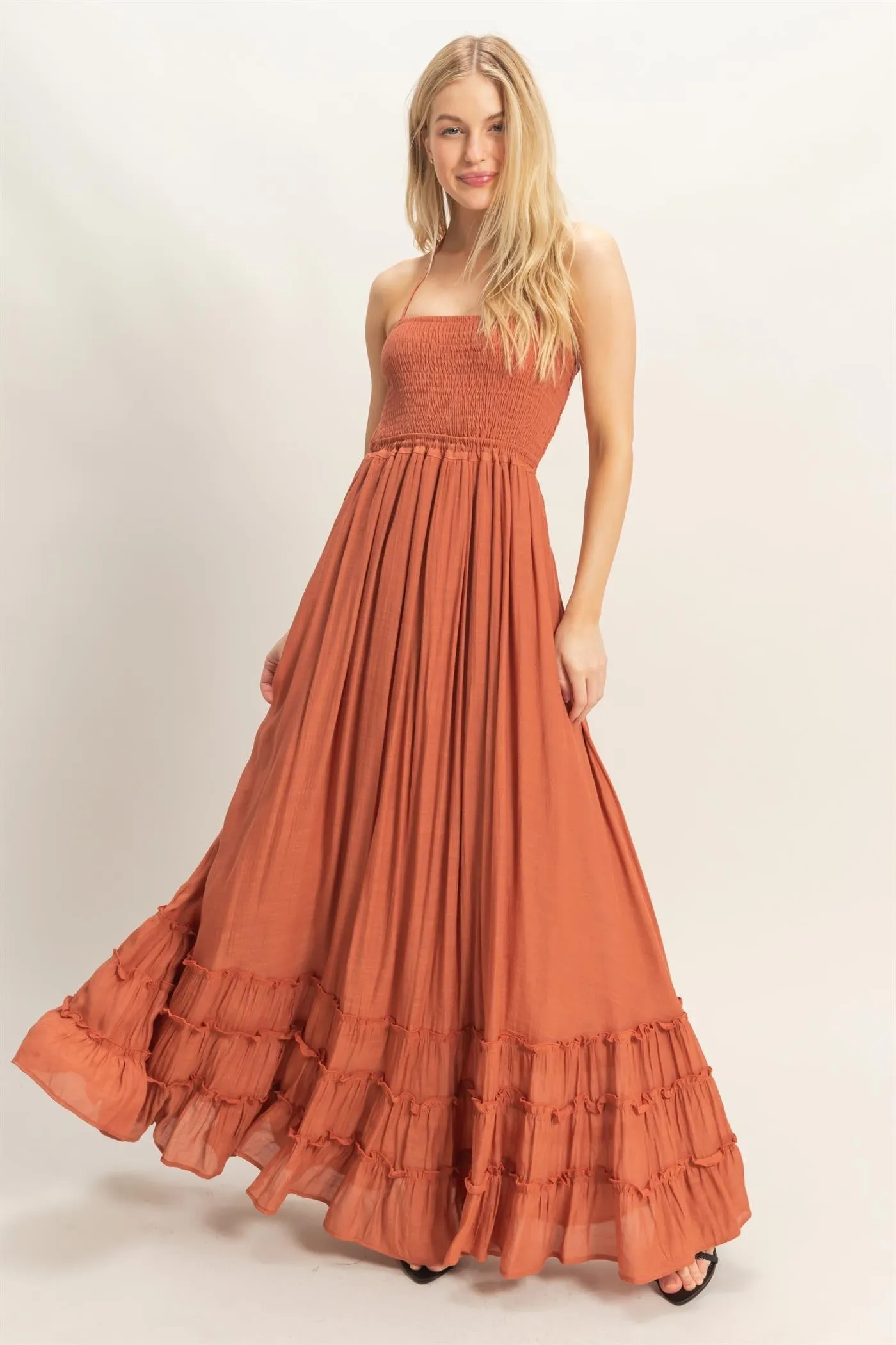 Rust Smocked Halter Open Back Maxi Dress sold by Pinkblush product image thumbnail 2