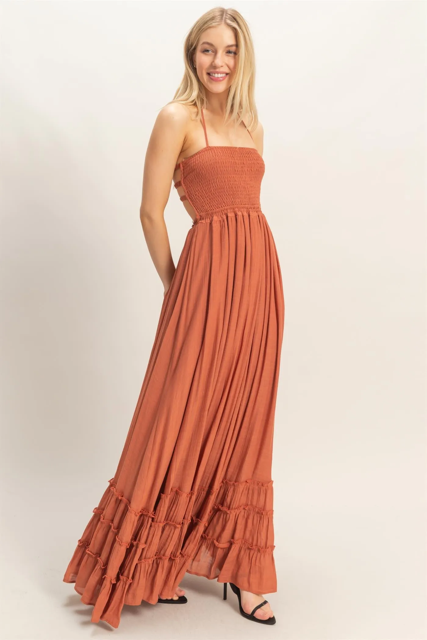 Rust Smocked Halter Open Back Maxi Dress sold by Pinkblush product image thumbnail 3