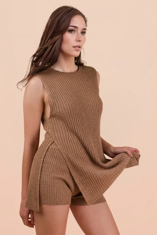 Mocha Knit Sleeveless Top Shorts Set sold by Pinkblush