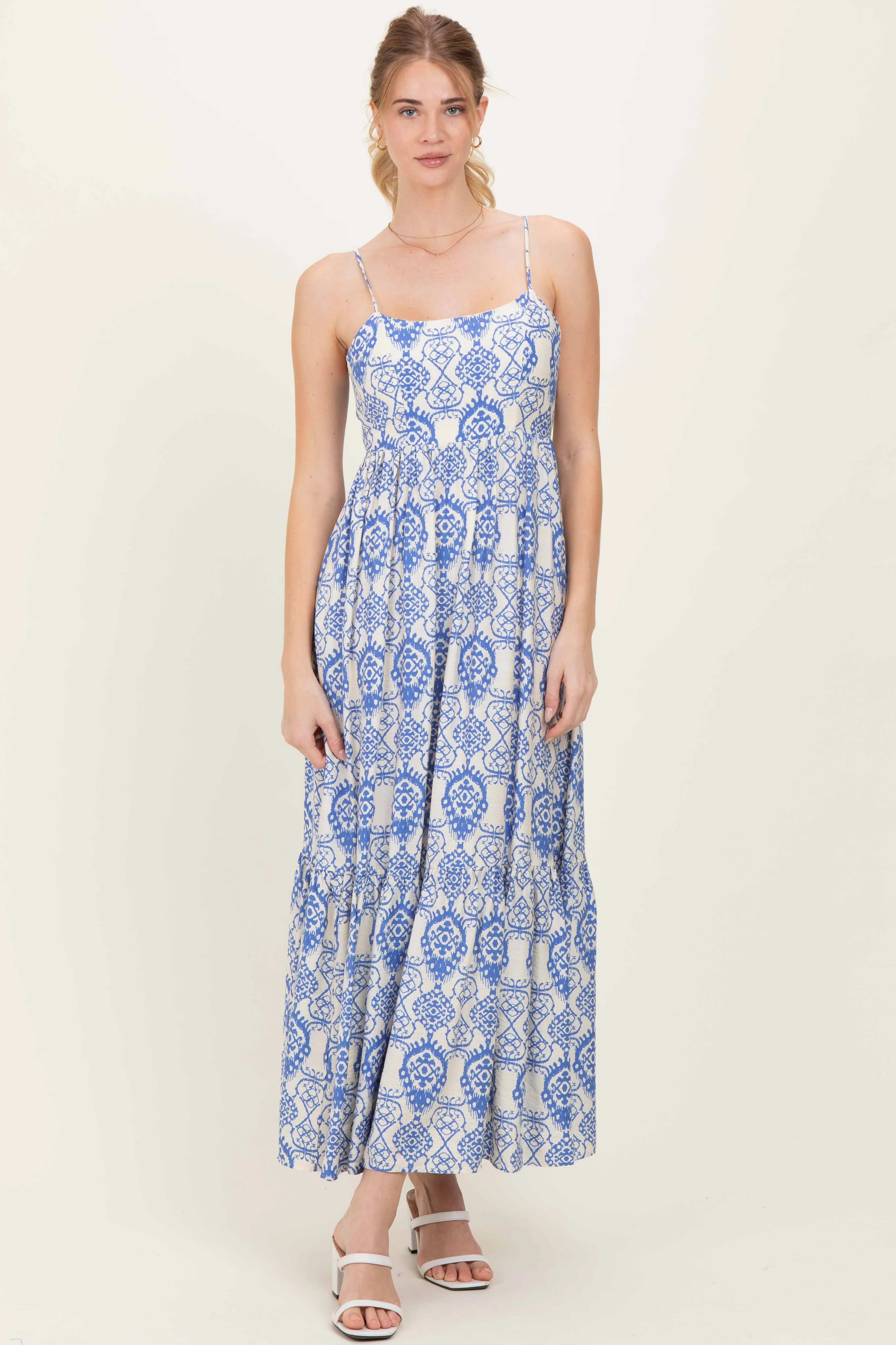 Blue Printed Cutout Tie Back Maxi Dress sold by Pinkblush