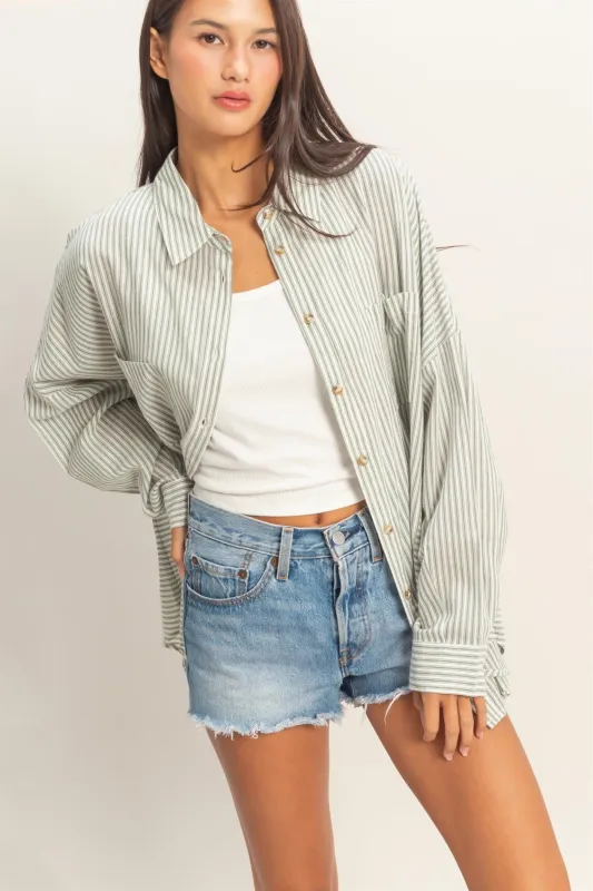 Olive Oversized Striped Button-Up Shirt sold by Pinkblush