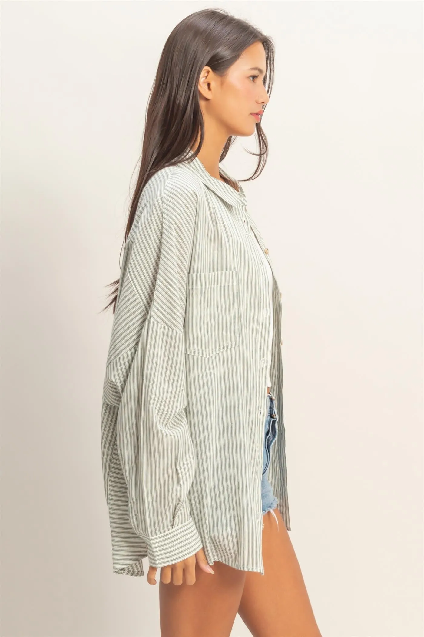 Olive Oversized Striped Button-Up Shirt sold by Pinkblush product image thumbnail 2