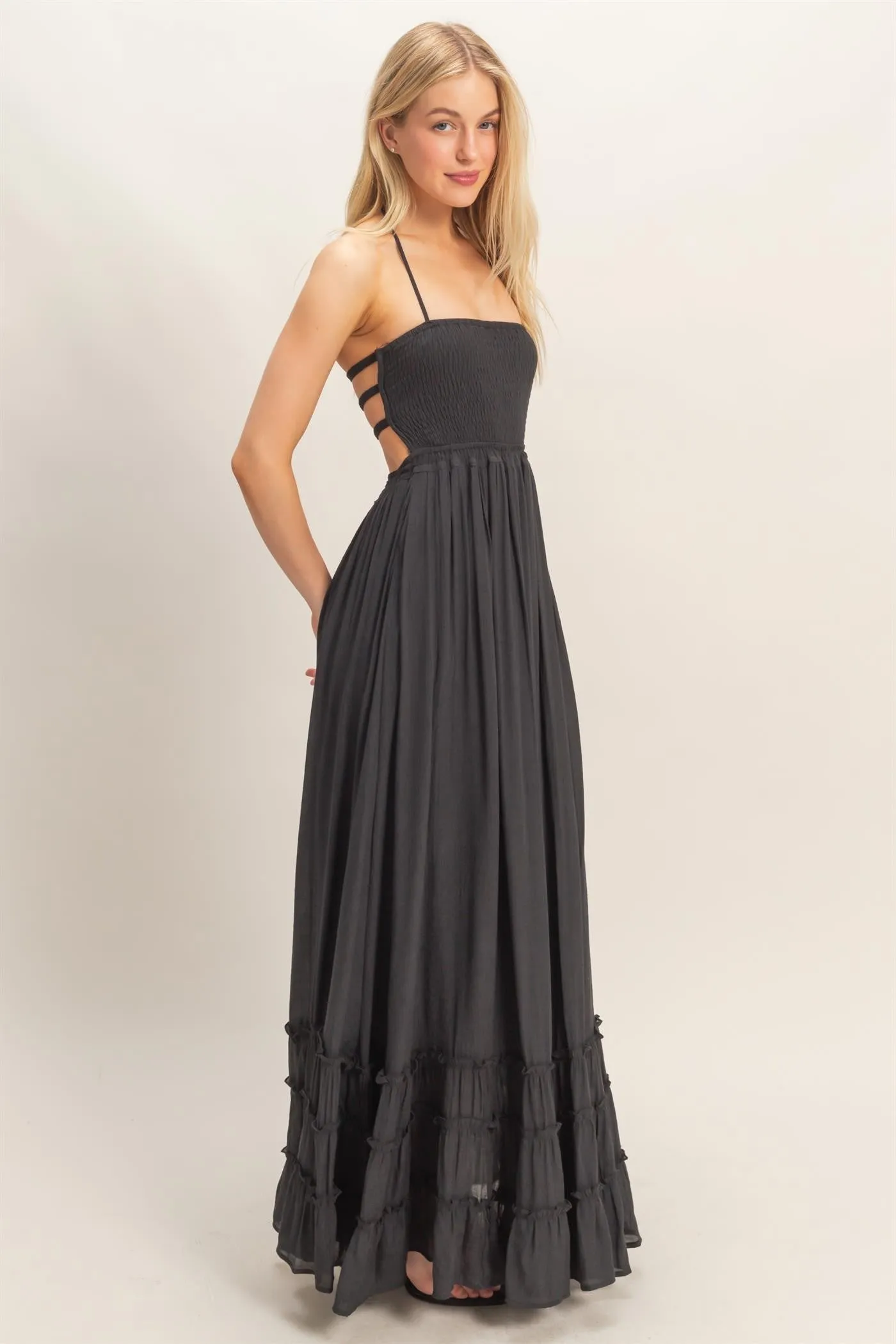 Black Smocked Halter Open Back Maxi Dress sold by Pinkblush product image thumbnail 3