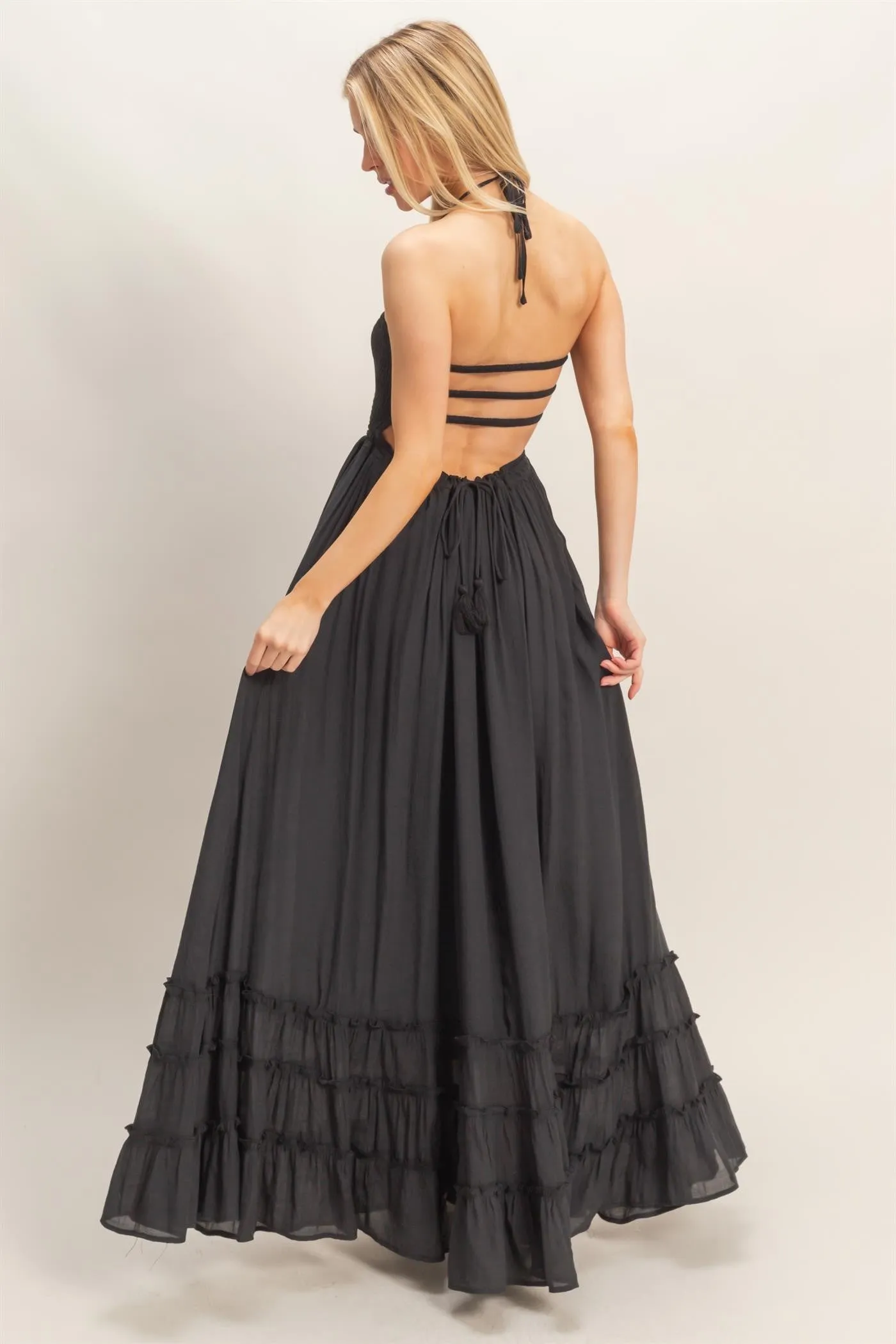 Black Smocked Halter Open Back Maxi Dress sold by Pinkblush product image thumbnail 4
