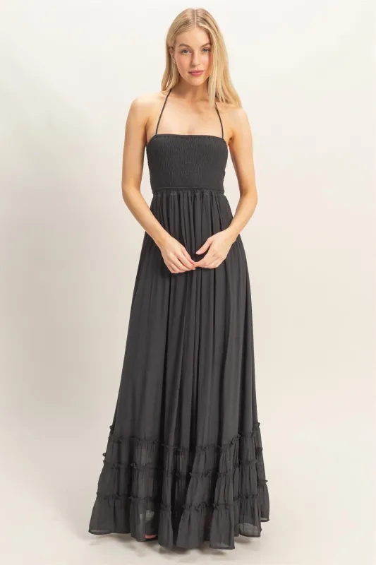 Black Smocked Halter Open Back Maxi Dress sold by Pinkblush
