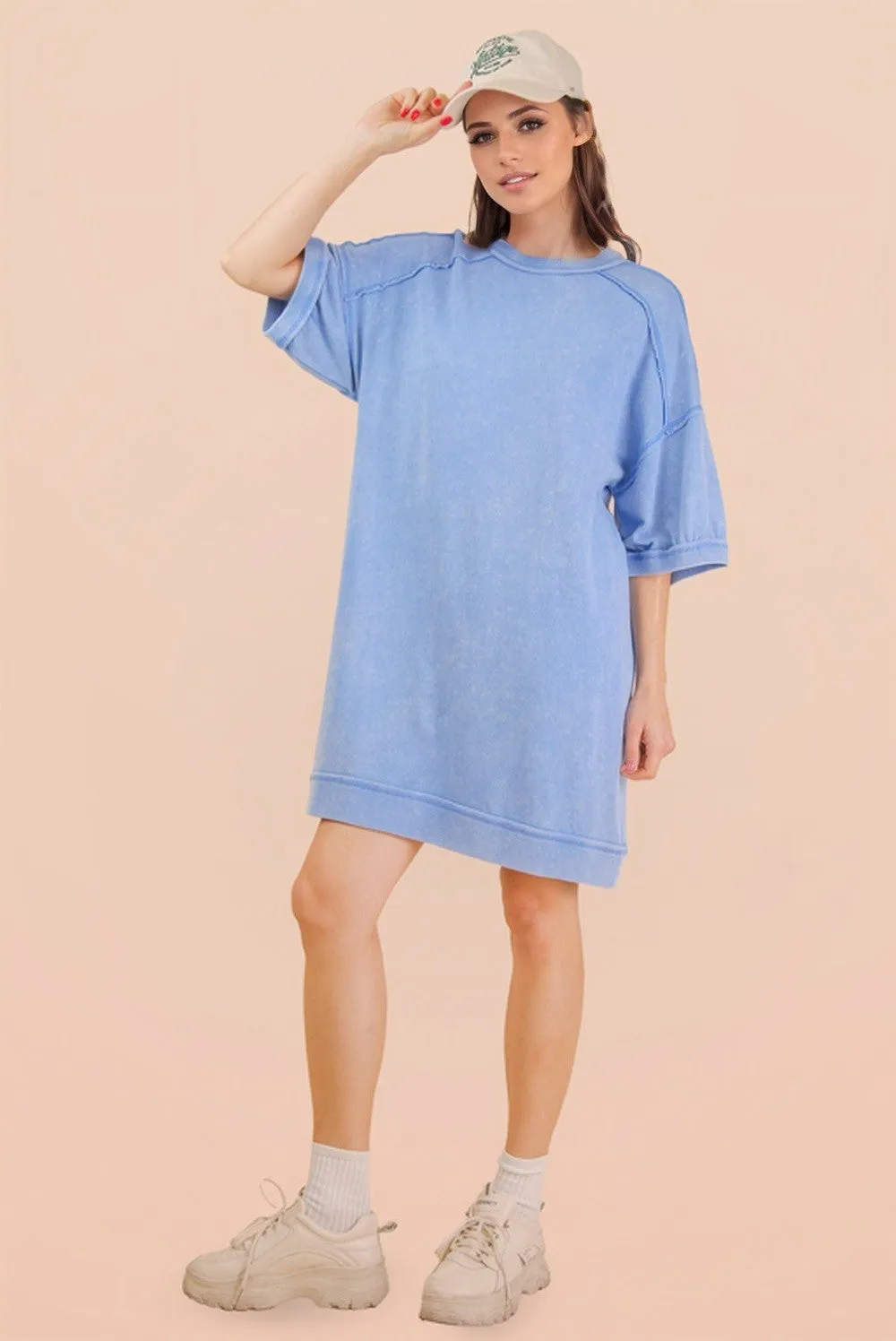 Denim Blue Mineral Wash French Terry Knit T-Shirt Dress sold by Pinkblush