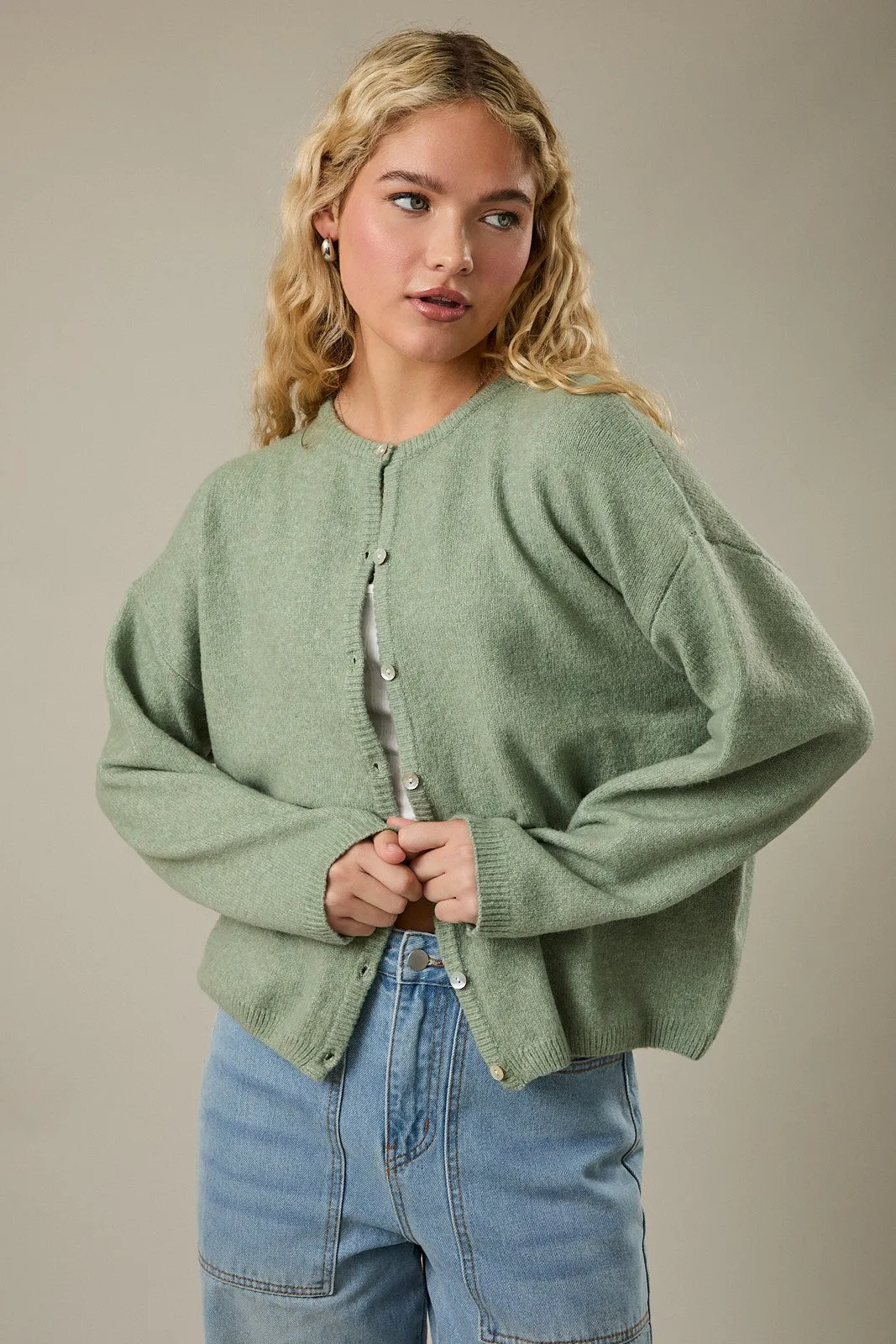 Sage Classic Crew Neck Button Cardigan sold by Pinkblush