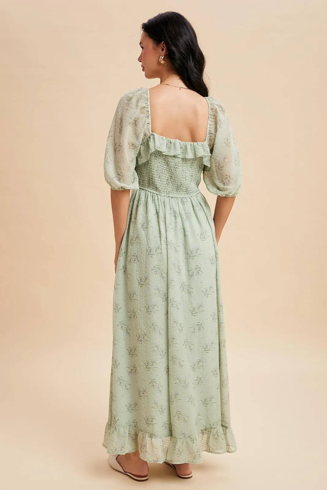 Sage Floral Chiffon Smocked Ruffle Maxi Dress sold by Pinkblush product image thumbnail 3