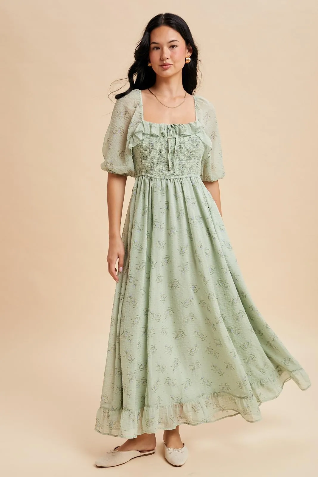 Sage Floral Chiffon Smocked Ruffle Maxi Dress sold by Pinkblush