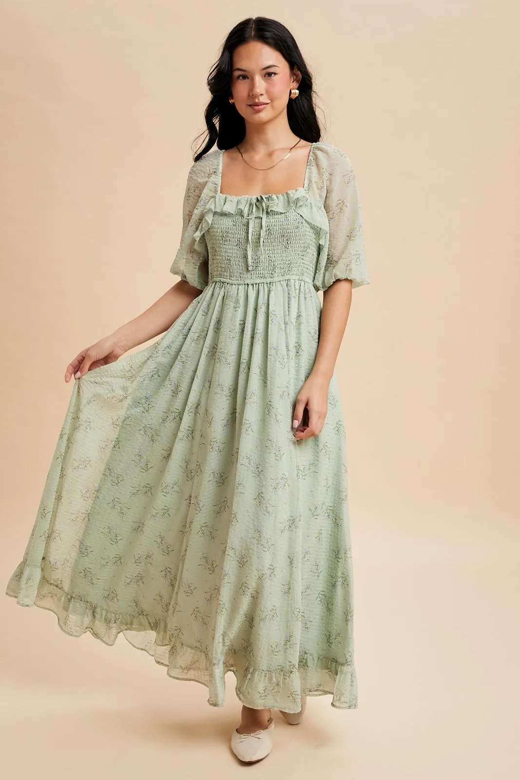 Sage Floral Chiffon Smocked Ruffle Maxi Dress sold by Pinkblush product image thumbnail 2