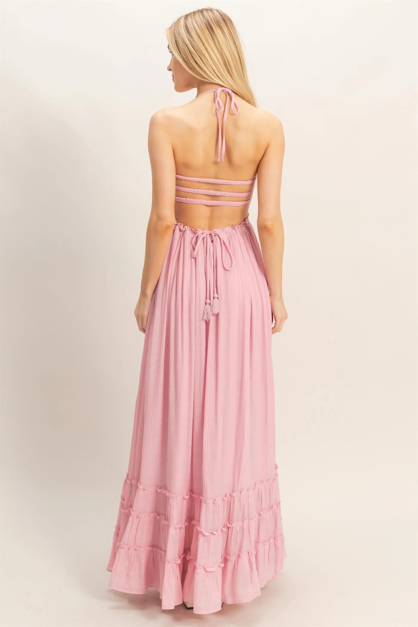 Light Pink Smocked Halter Open Back Maxi Dress sold by Pinkblush product image thumbnail 4