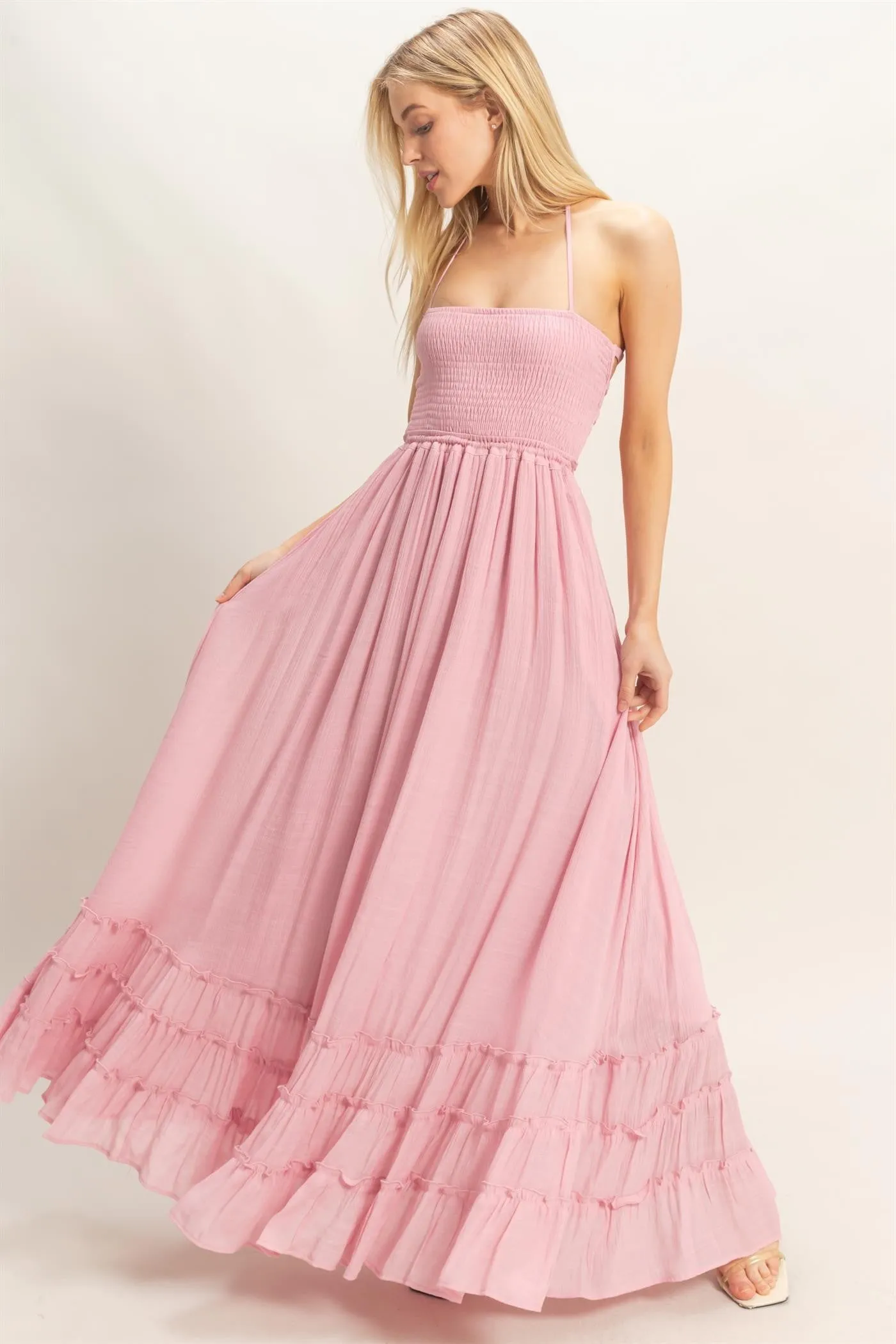 Light Pink Smocked Halter Open Back Maxi Dress sold by Pinkblush