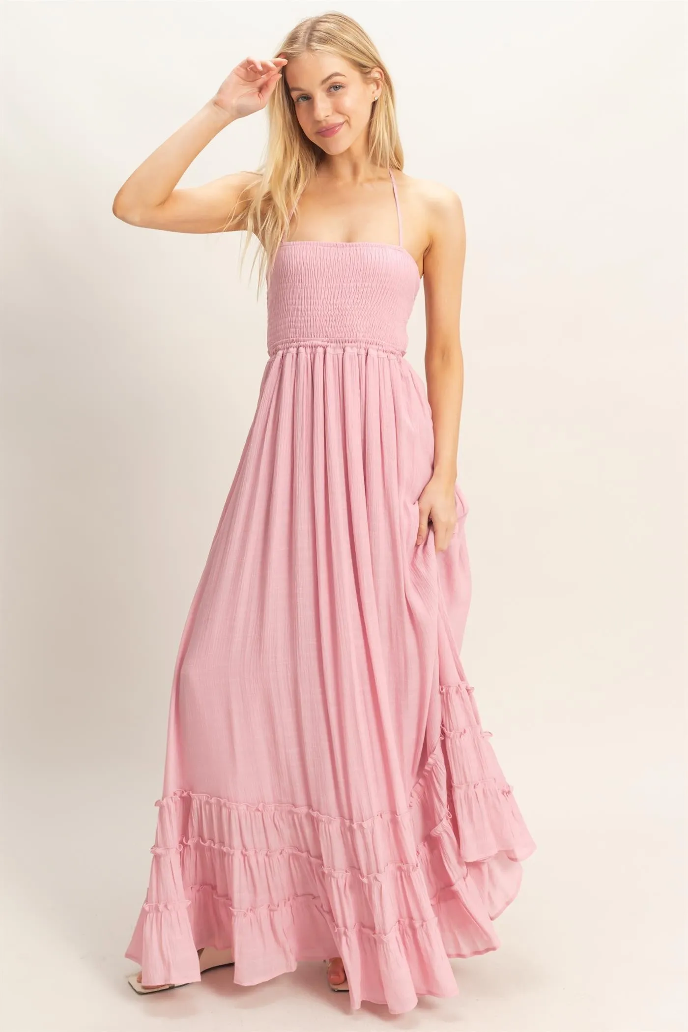 Light Pink Smocked Halter Open Back Maxi Dress sold by Pinkblush product image thumbnail 2