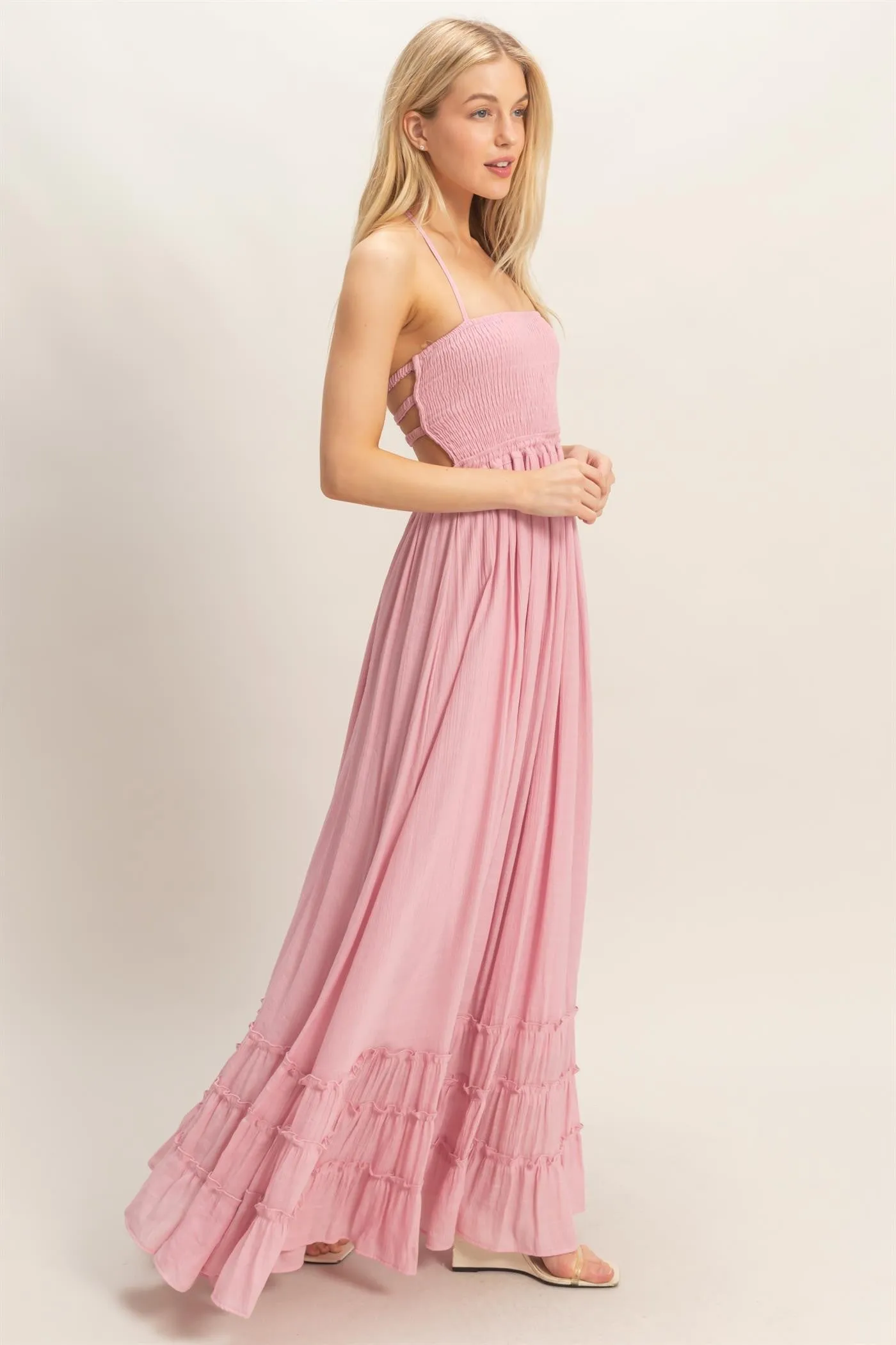 Light Pink Smocked Halter Open Back Maxi Dress sold by Pinkblush product image thumbnail 3