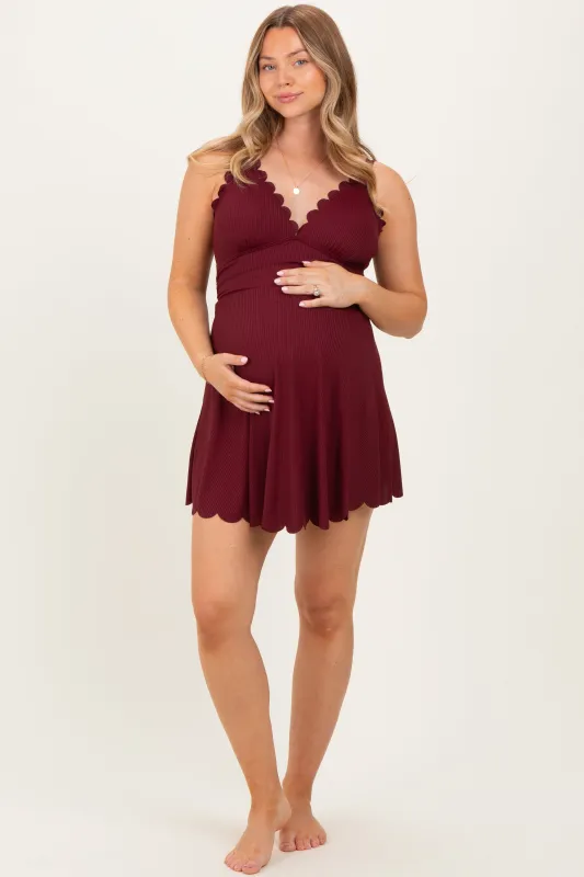 Dark Burgundy Ribbed Scallop Hem Maternity Swim Dress sold by Pinkblush