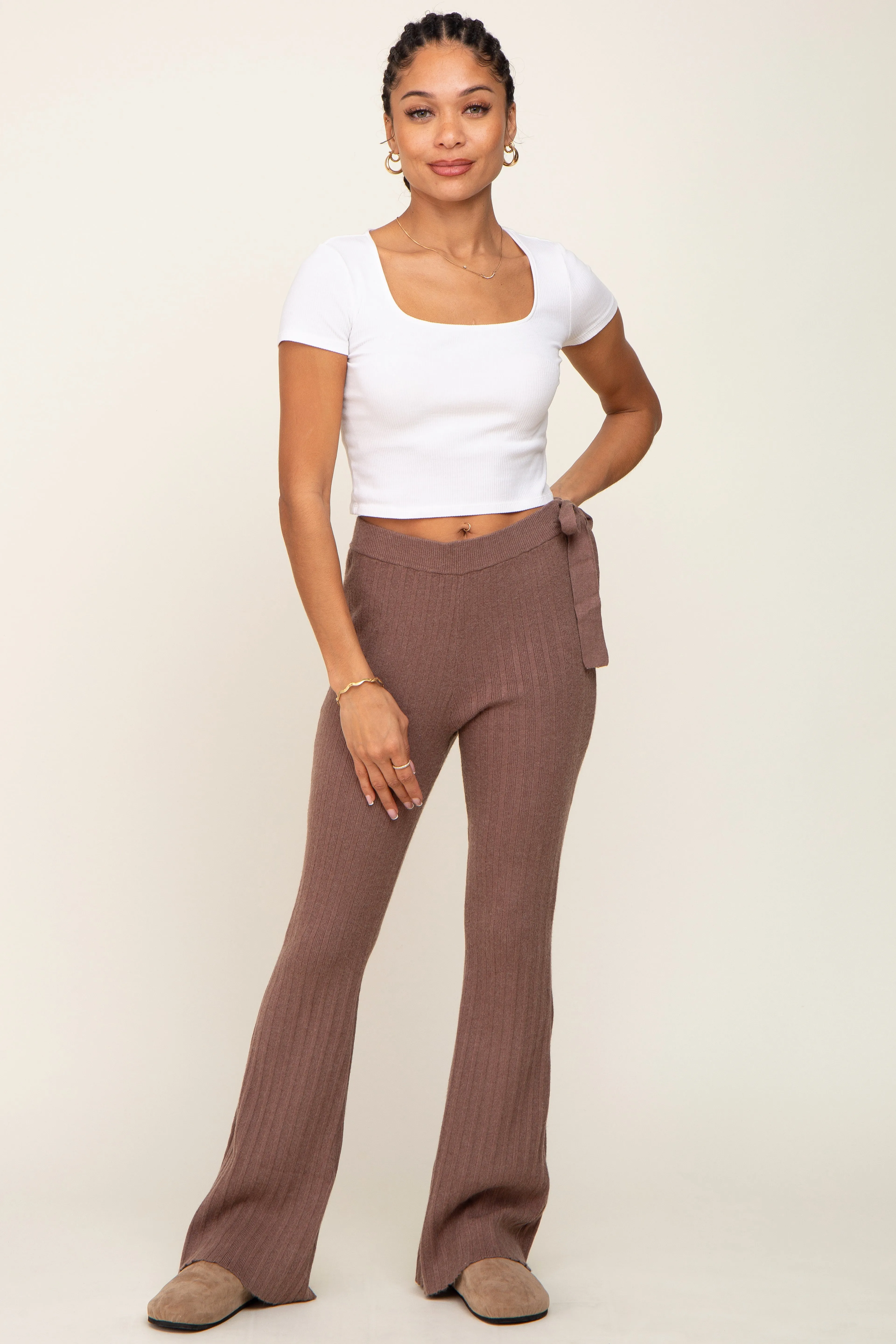 Mocha Side Tie Flare Knit Pants sold by Pinkblush product image thumbnail 5