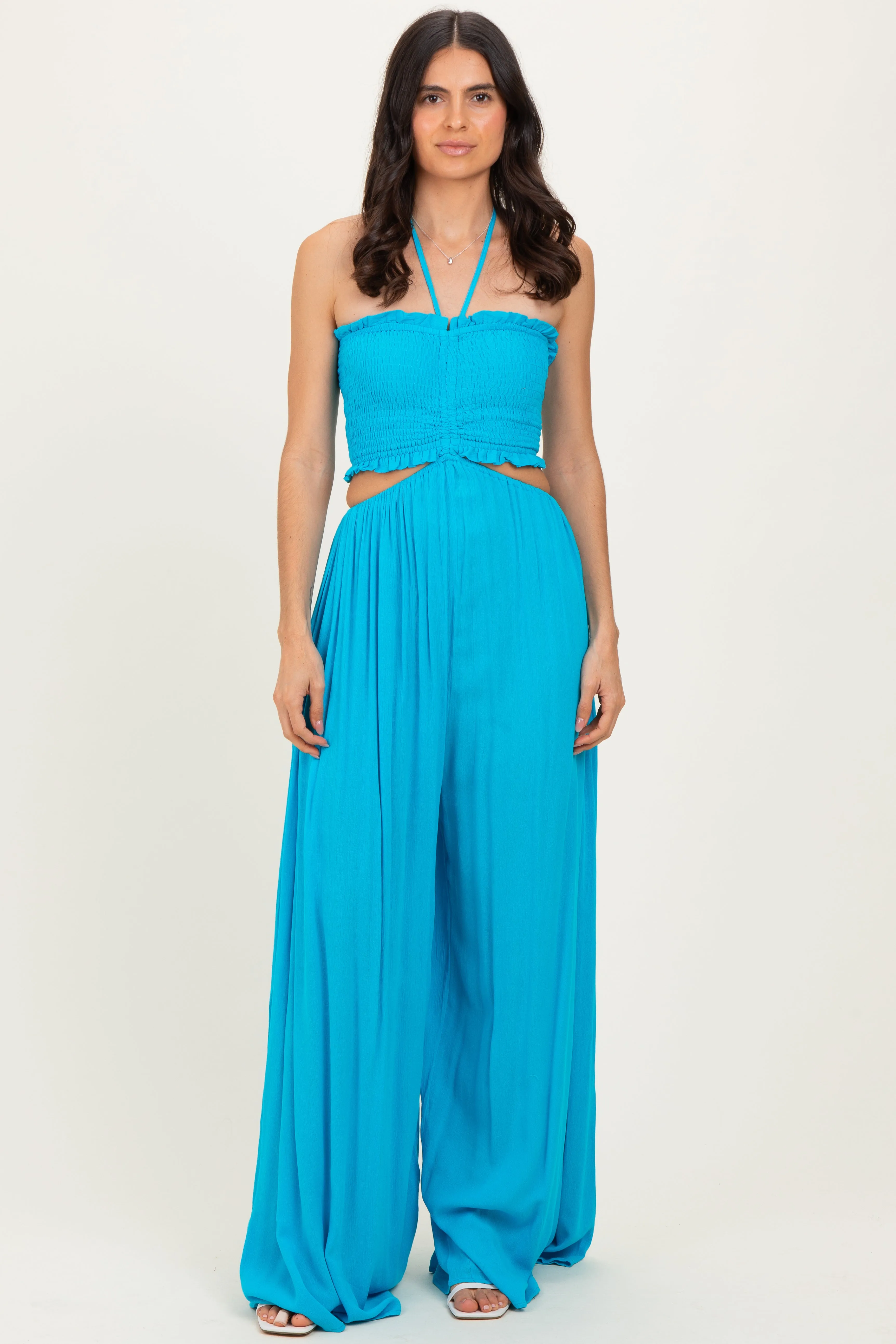 Aqua Blue Smocked Drawstring Halter Side Cutout Jumpsuit sold by Pinkblush