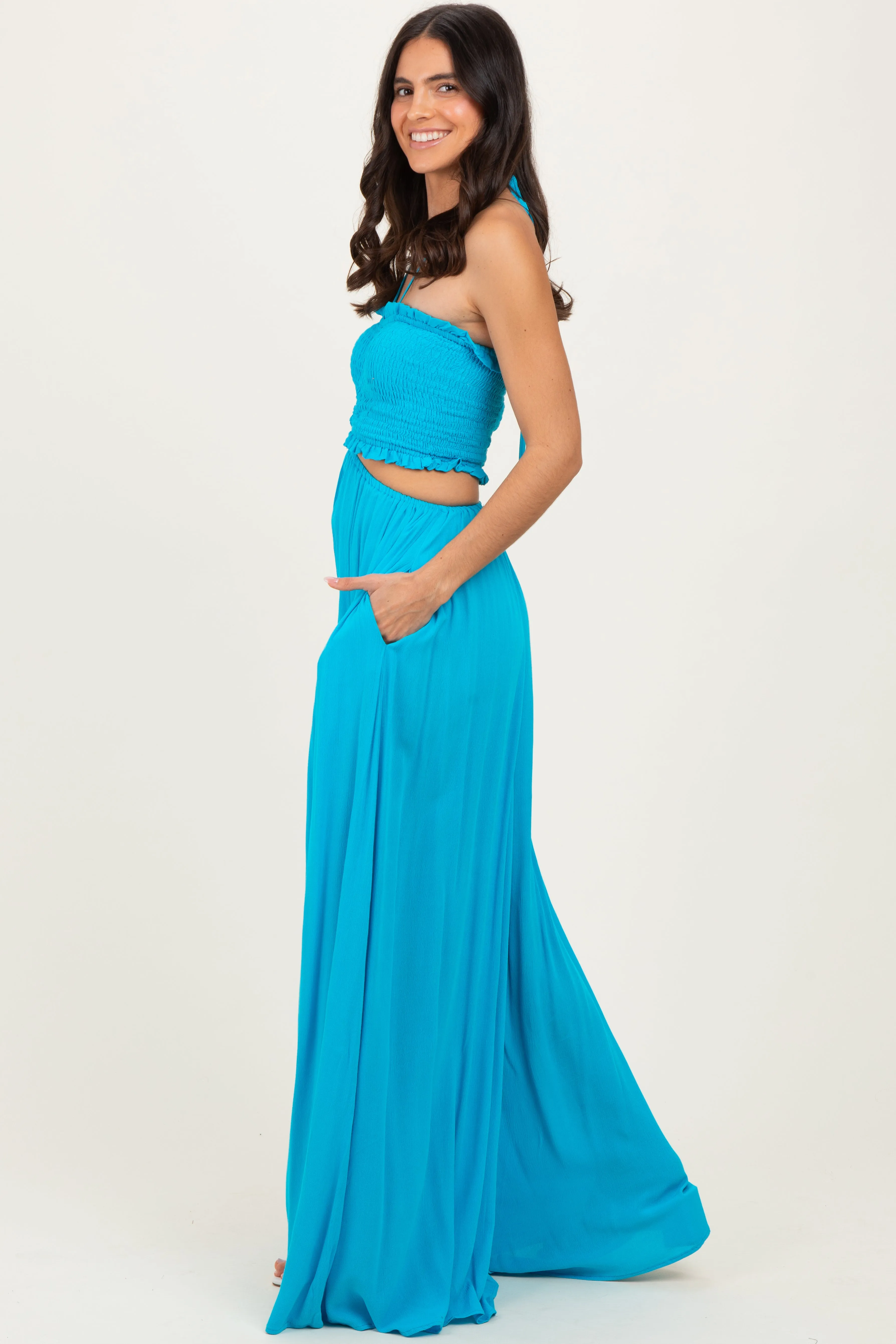 Aqua Blue Smocked Drawstring Halter Side Cutout Jumpsuit sold by Pinkblush product image thumbnail 2