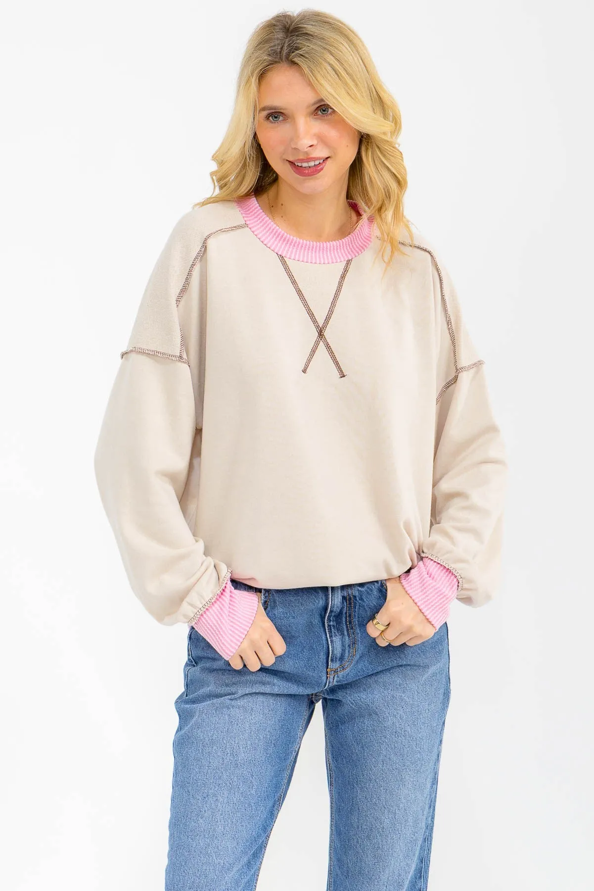 Cream Contrast Band Exposed Seam Pullover sold by Pinkblush product image thumbnail 2