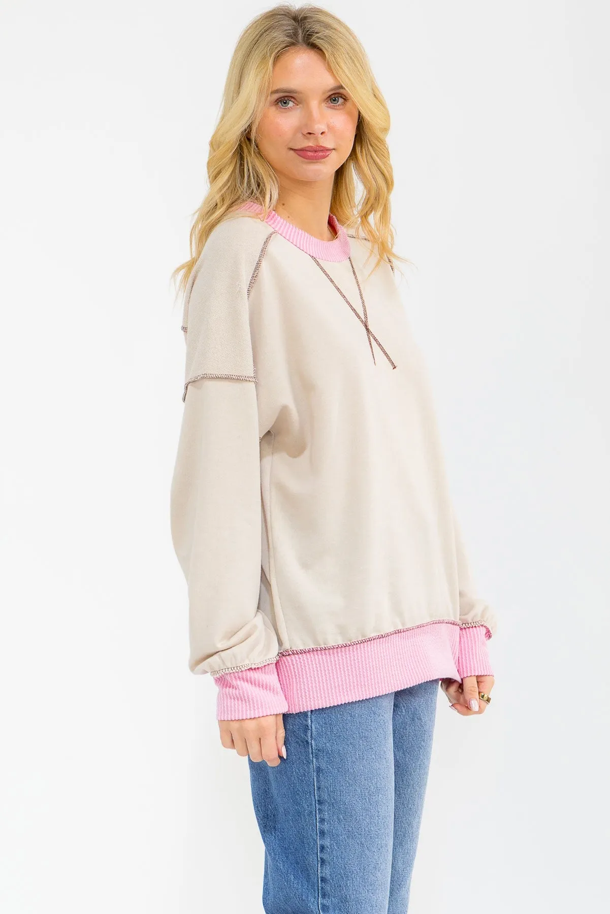 Cream Contrast Band Exposed Seam Pullover sold by Pinkblush product image thumbnail 3