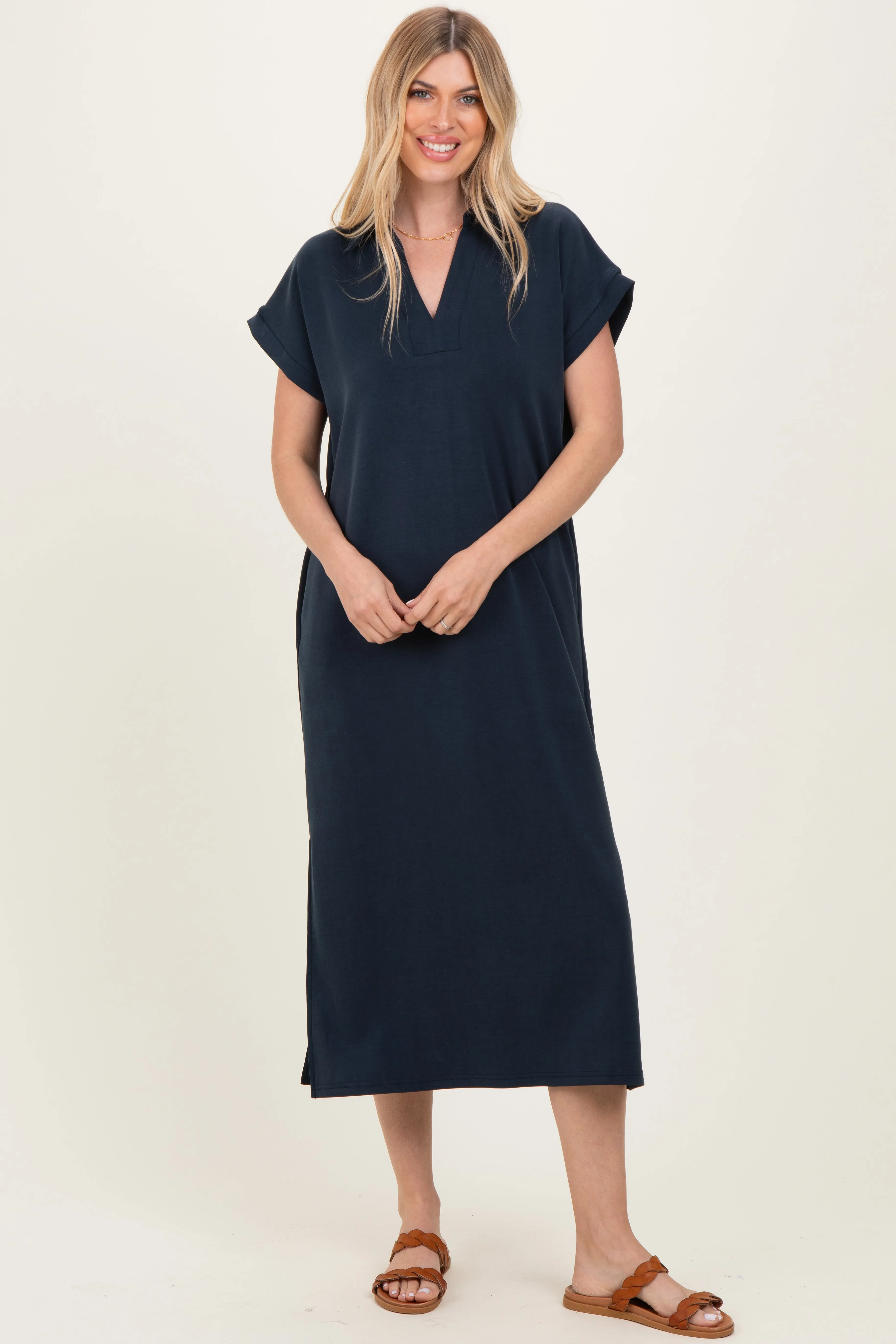 Navy Collared Short Sleeve Midi Dress sold by Pinkblush