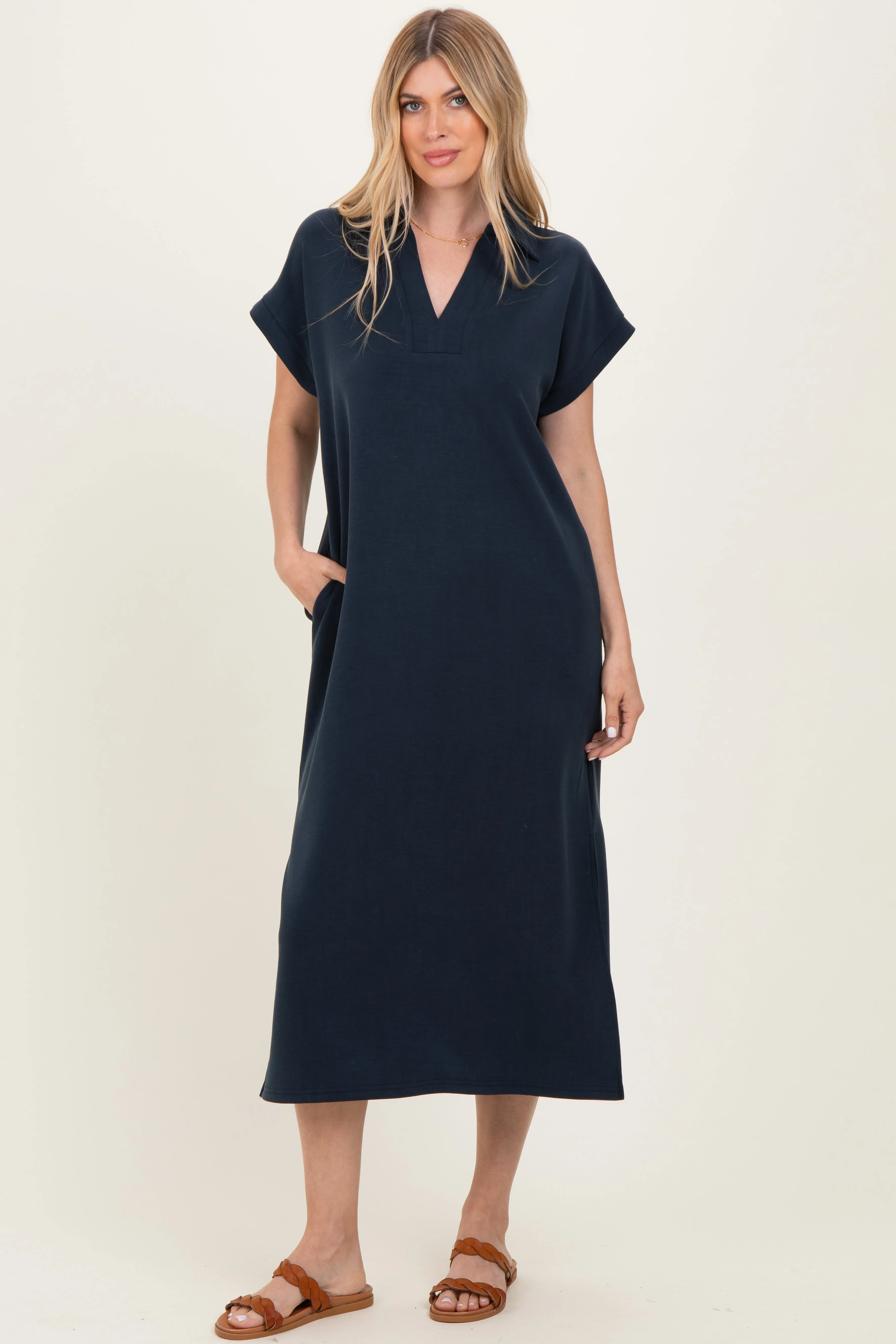 Navy Collared Short Sleeve Midi Dress sold by Pinkblush product image thumbnail 2
