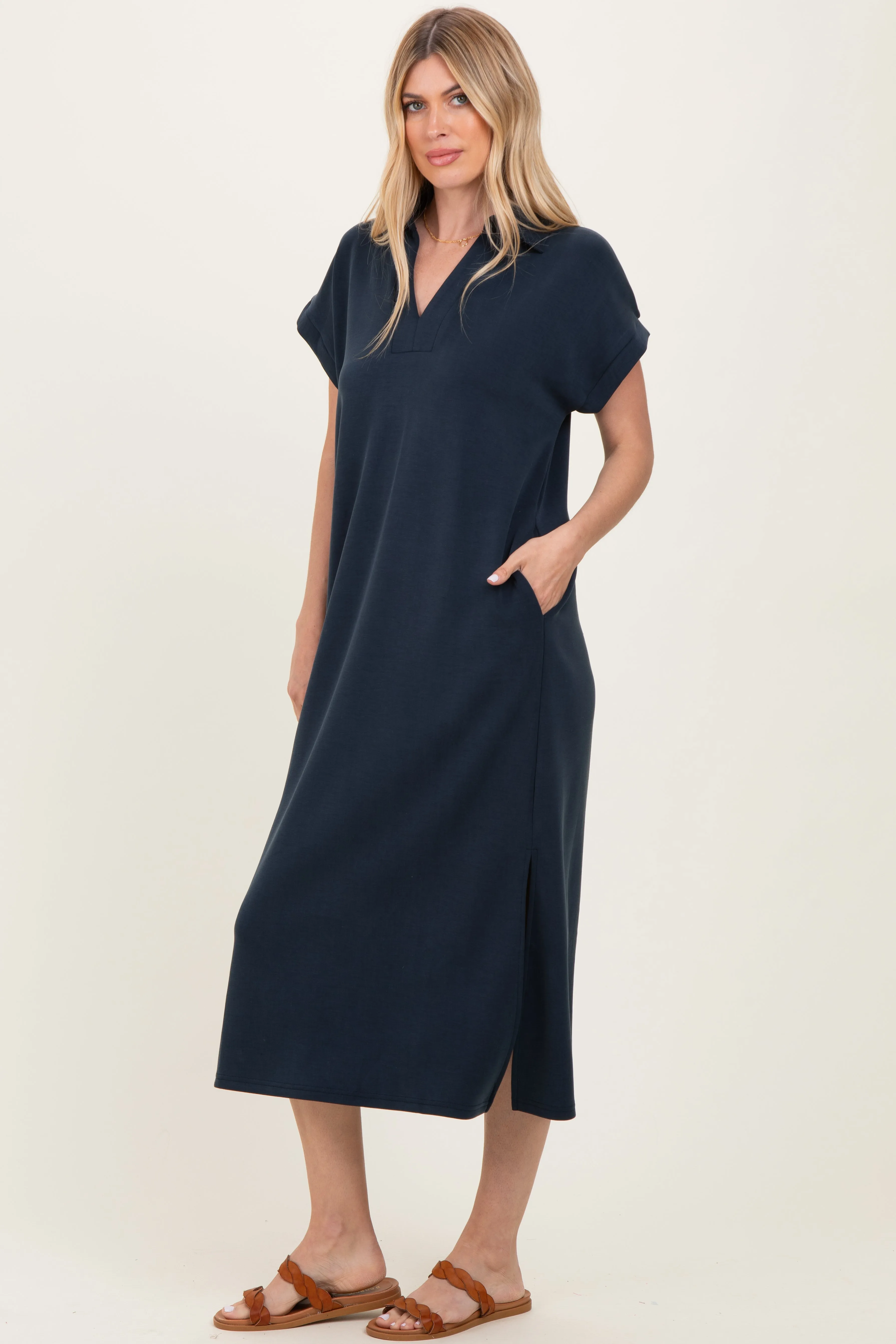 Navy Collared Short Sleeve Midi Dress sold by Pinkblush product image thumbnail 3