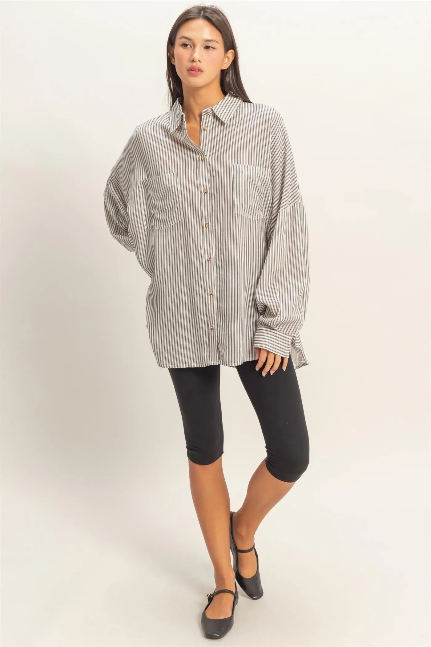 Black Oversized Striped Button-Up Shirt sold by Pinkblush product image thumbnail 4