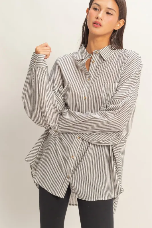 Black Oversized Striped Button-Up Shirt sold by Pinkblush