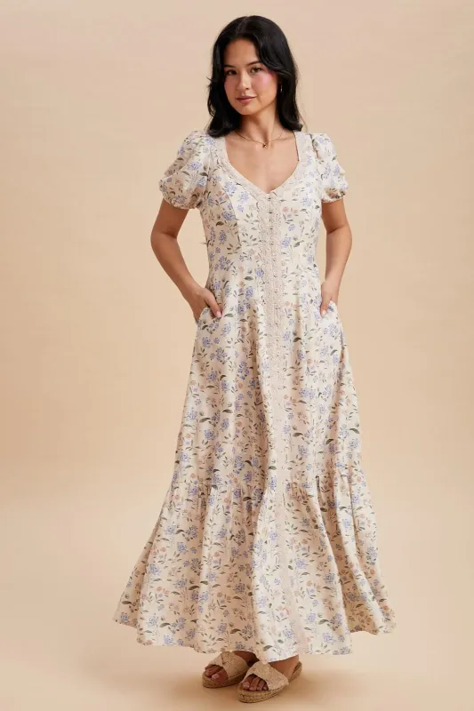 Creme Floral Lace Trim Button Down Maxi Dress sold by Pinkblush