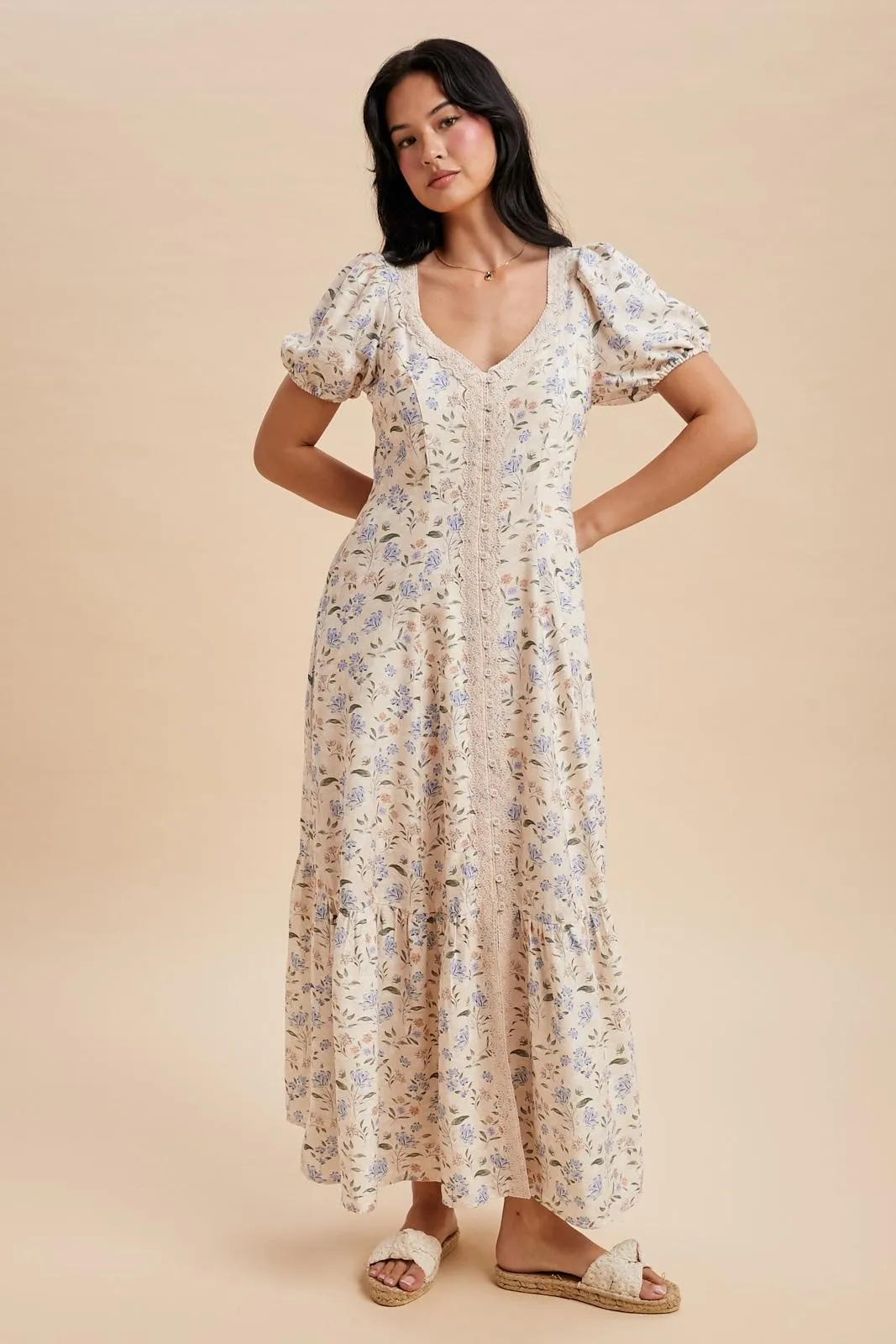 Creme Floral Lace Trim Button Down Maxi Dress sold by Pinkblush product image thumbnail 2