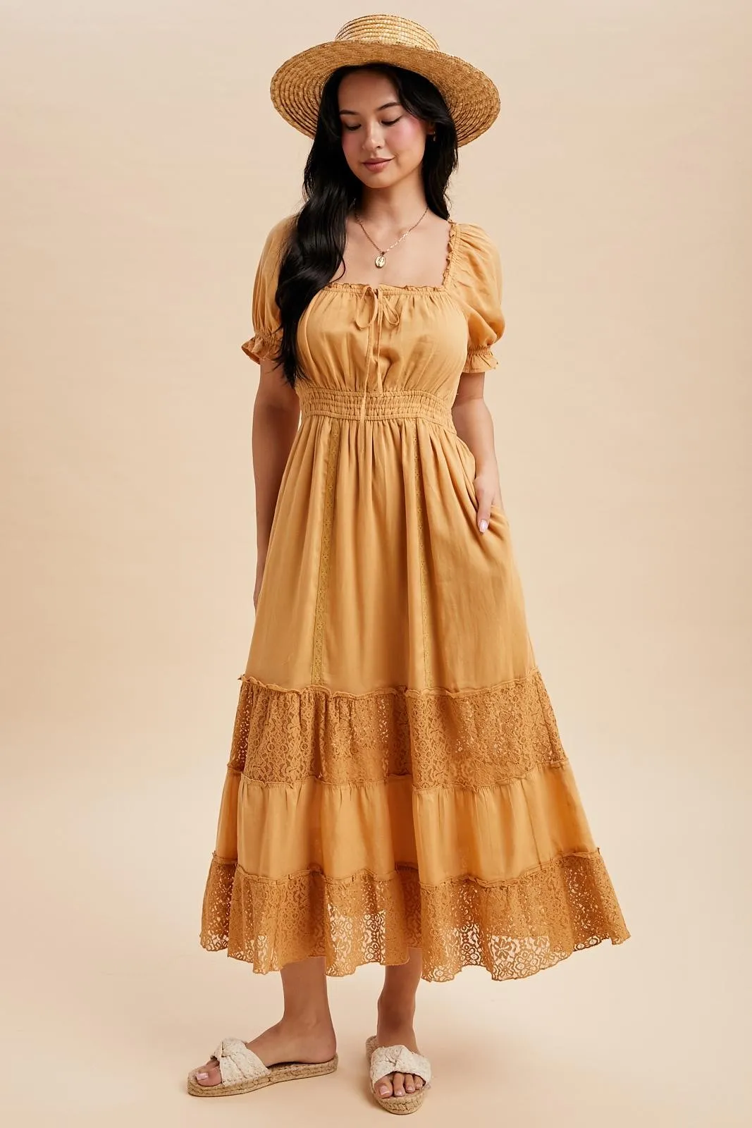 Gold Lace Contrast Paneled Maxi Dress sold by Pinkblush