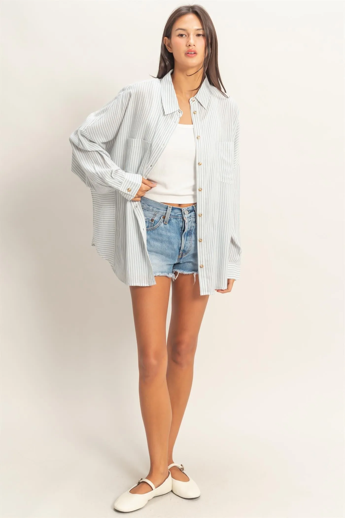 Blue Oversized Striped Button-Up Shirt sold by Pinkblush product image thumbnail 4