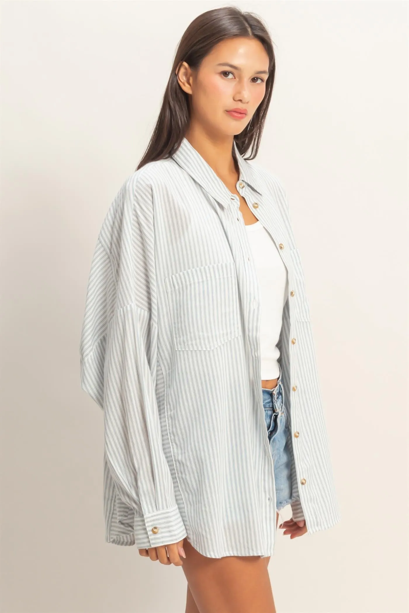 Blue Oversized Striped Button-Up Shirt sold by Pinkblush product image thumbnail 2