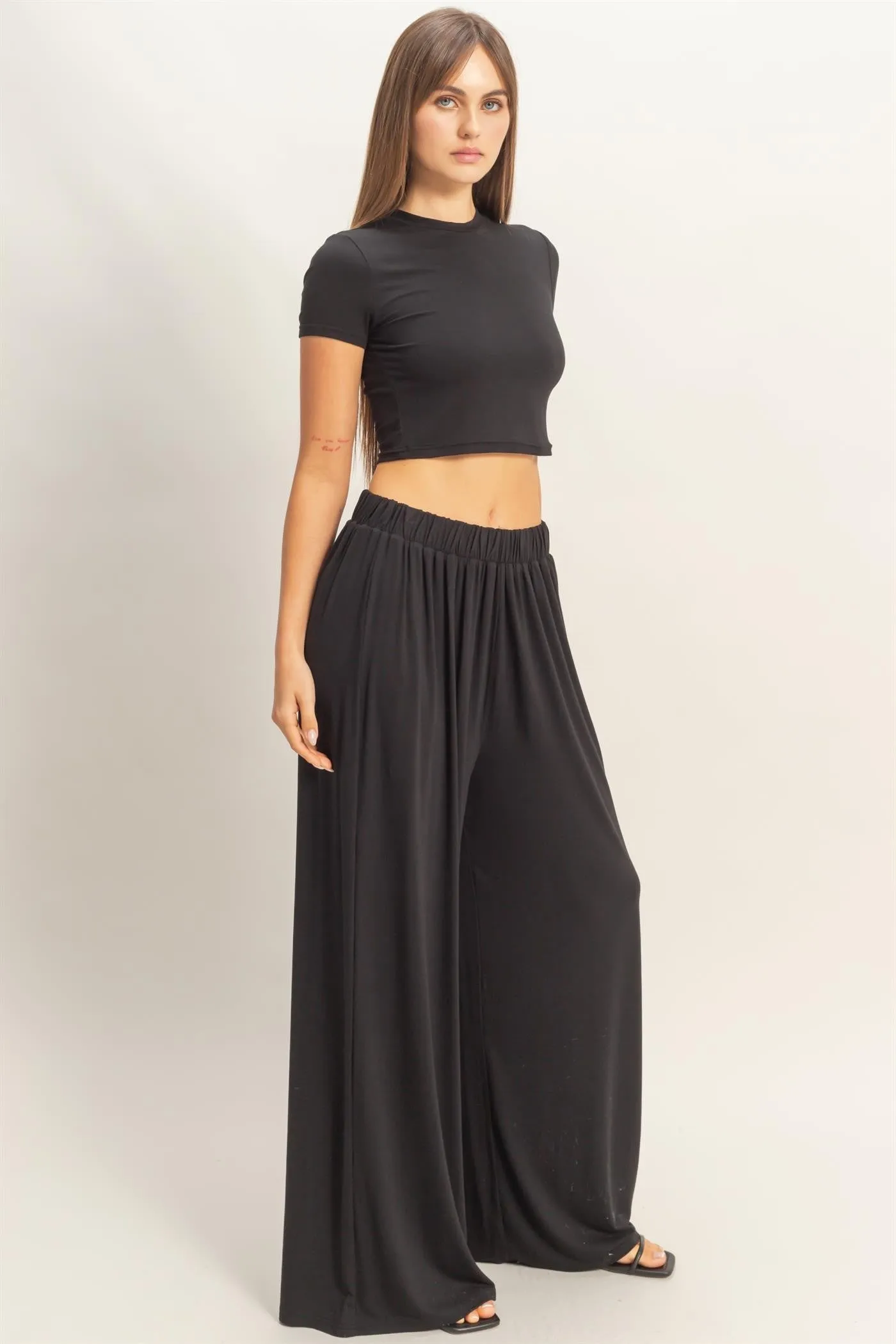 Black Short Sleeve Crop Top Wide Leg Pant Set sold by Pinkblush product image thumbnail 3