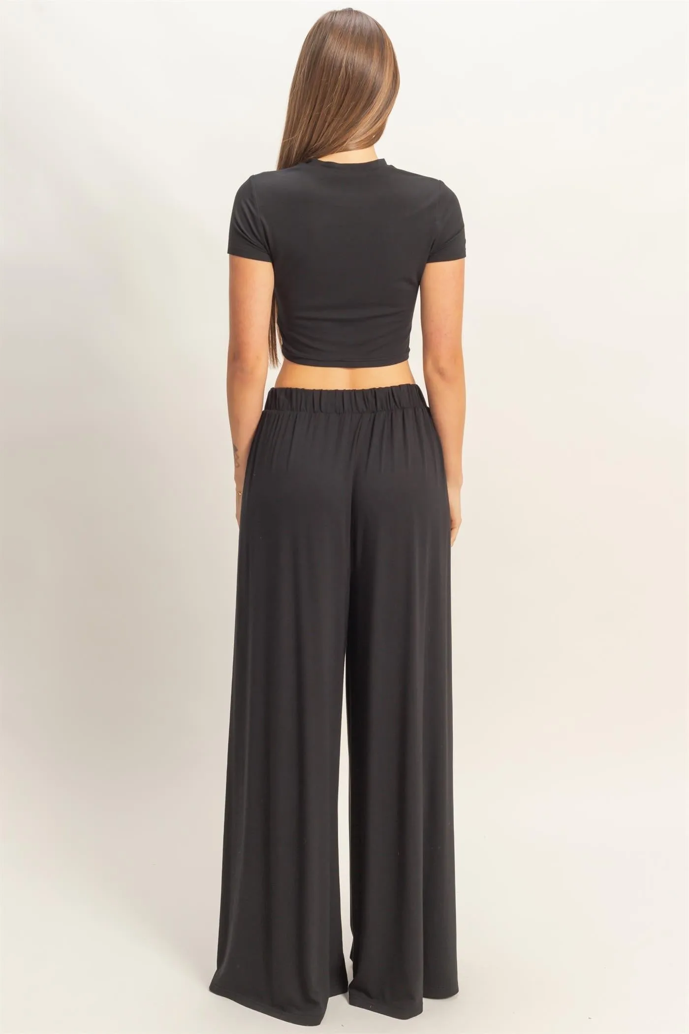 Black Short Sleeve Crop Top Wide Leg Pant Set sold by Pinkblush product image thumbnail 4