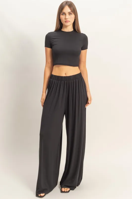 Black Short Sleeve Crop Top Wide Leg Pant Set sold by Pinkblush