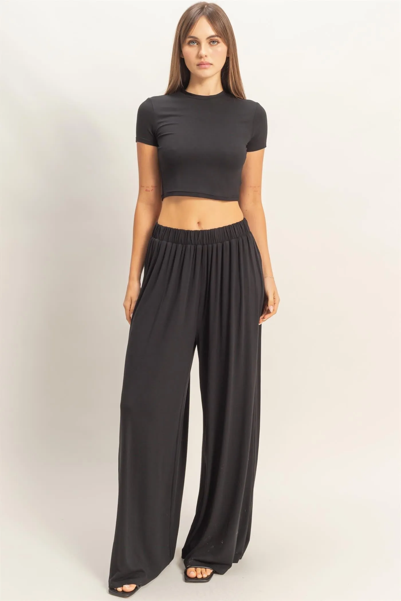 Black Short Sleeve Crop Top Wide Leg Pant Set sold by Pinkblush