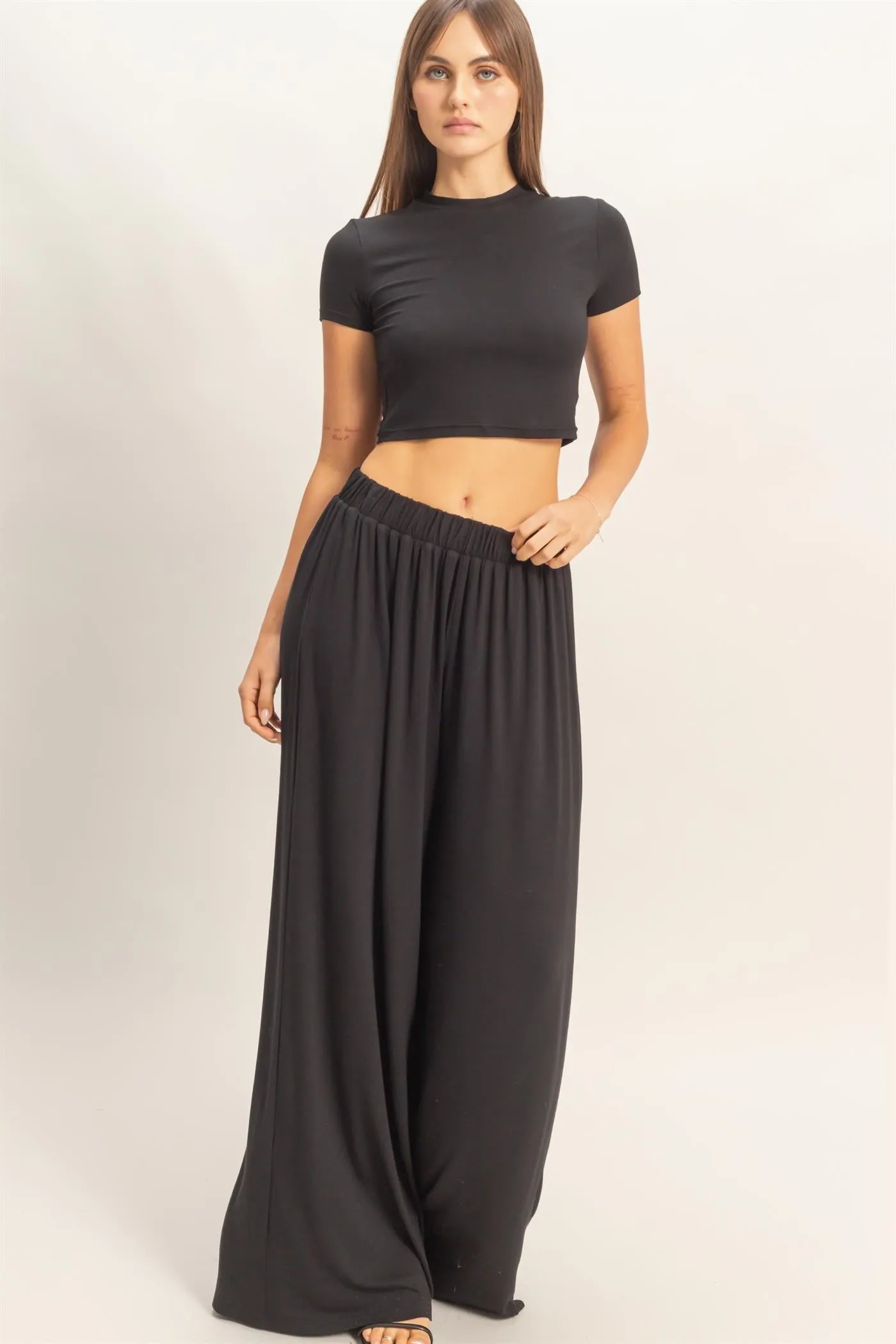 Black Short Sleeve Crop Top Wide Leg Pant Set sold by Pinkblush product image thumbnail 2