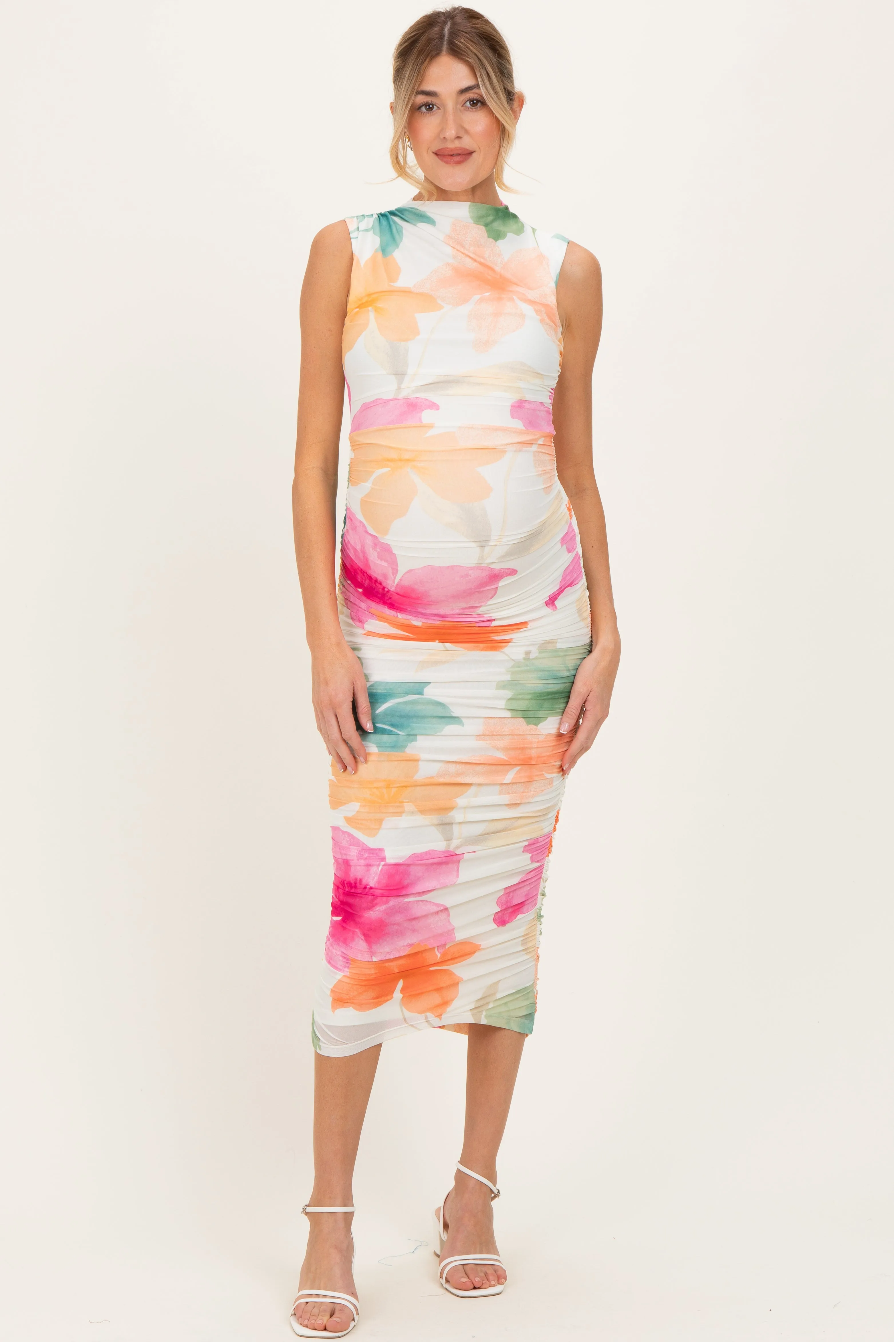 Multicolor Floral Ruched Sleeveless Maternity Midi Dress sold by Pinkblush
