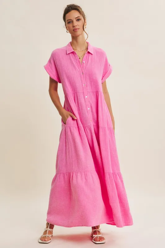 Bubble Gum Pink Breezy Mineral-Washed Gauze Maxi Shirt Dress made by In February